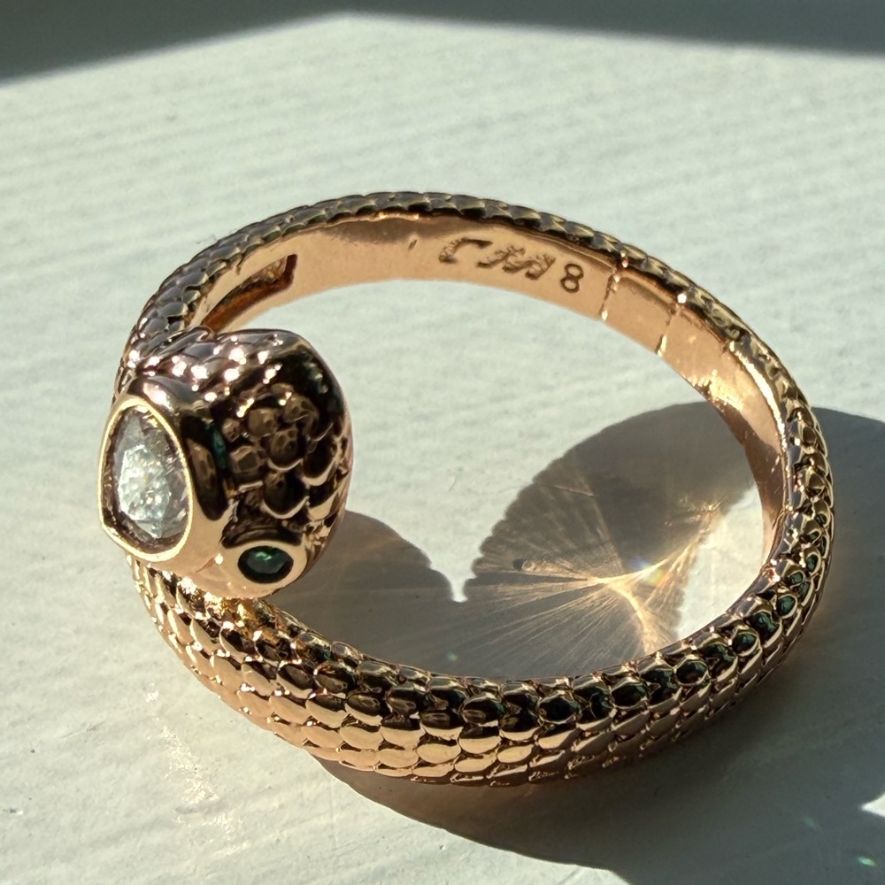 NEW!Pretty Bird Rose Gold Snake Wrap Ring with Clear Teardrop Stone & Green Eyes - Picture 4 of 11